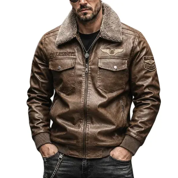 Men’s Classic Vintage Distressed Textured Leather Biker Jacket - Long Sleeves, Cropped Length, Aviator Style, Cargo Workwear Aesthetic, Ribbed Hem, Turn-Down Collar, Embroidered Patches, Thick Fleece Lining, Plain Fabric, Pockets, Faux Menswear Coat Top