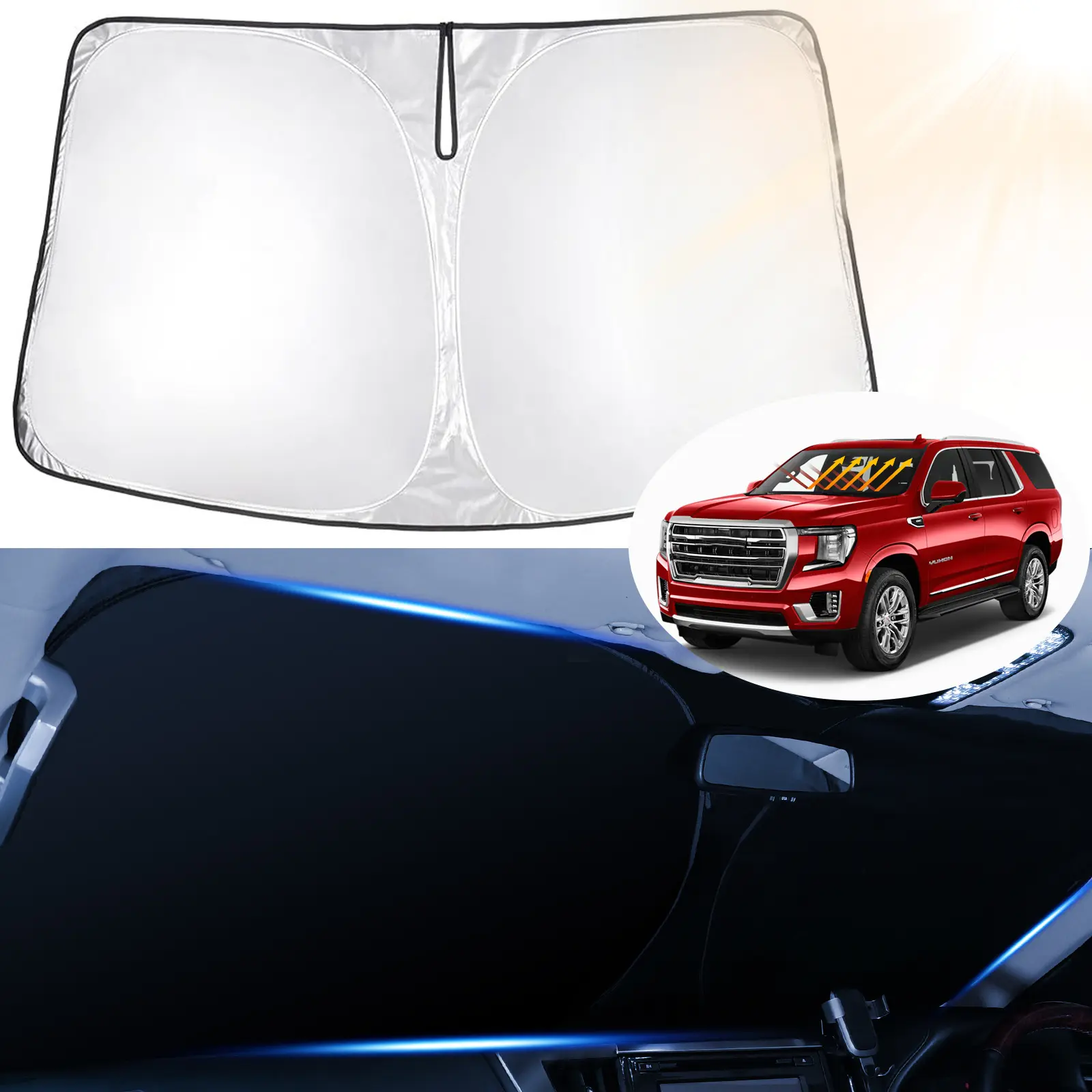 Canvcle Retractable Portable Car Windshield Sun Shade - 2021-2025 Chevrolet Suburban/GMC Yukon XL Fit, 240T 5-Layer UV-Blocking Automotive Glass Sun Shade Device, Easy Installation, Boosts AC Performance, Exterior Accessory, Retractable Sunshade, Sunshade
