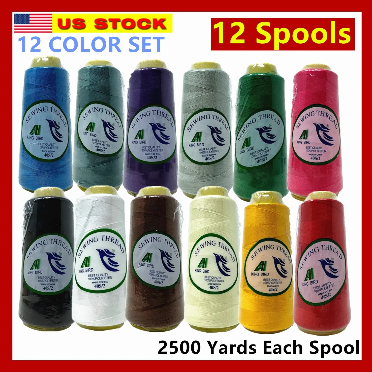 12 Large Spools Multicolor Sewing Thread – 2500 Yards Each, Heavy Duty Polyester Thread for Machine or Hand Sewing, Quilting, Embroidery, Serger – Assorted Colors Including Black, White, Red, Blue, Green, and More