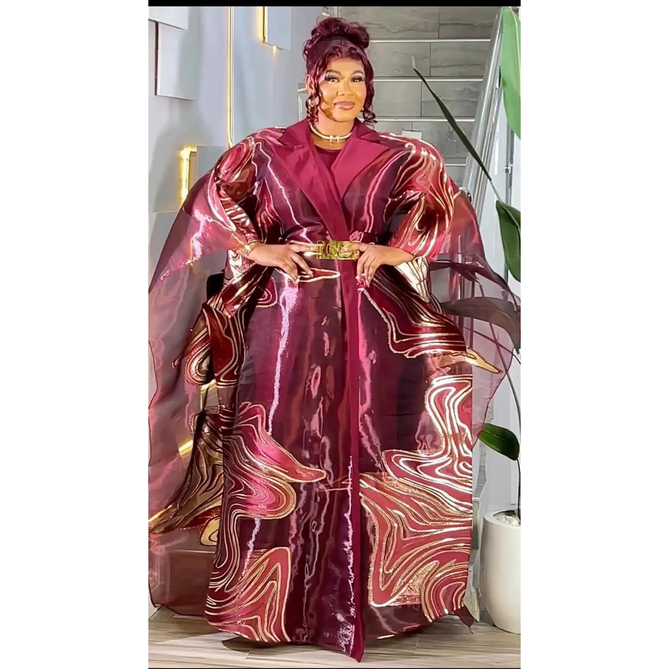 Classy Burgundy Brocade Kaftan Dress 2-Piece Outfit for Mother of The Groom Wedding Guest Birthday Dinner Cocktail Party Formal Evening Gown