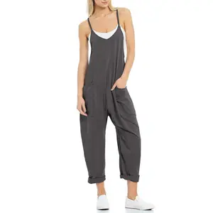 Women's Multi-Pocket Acid Wash Cotton Overalls - Casual V-Neck Sleeveless Strappy Loose-Fit Harem Pants Jumpsuit, Boho Clothes with Fade Craft, All-Season Cute Clothes (Women's Suits & Sets)