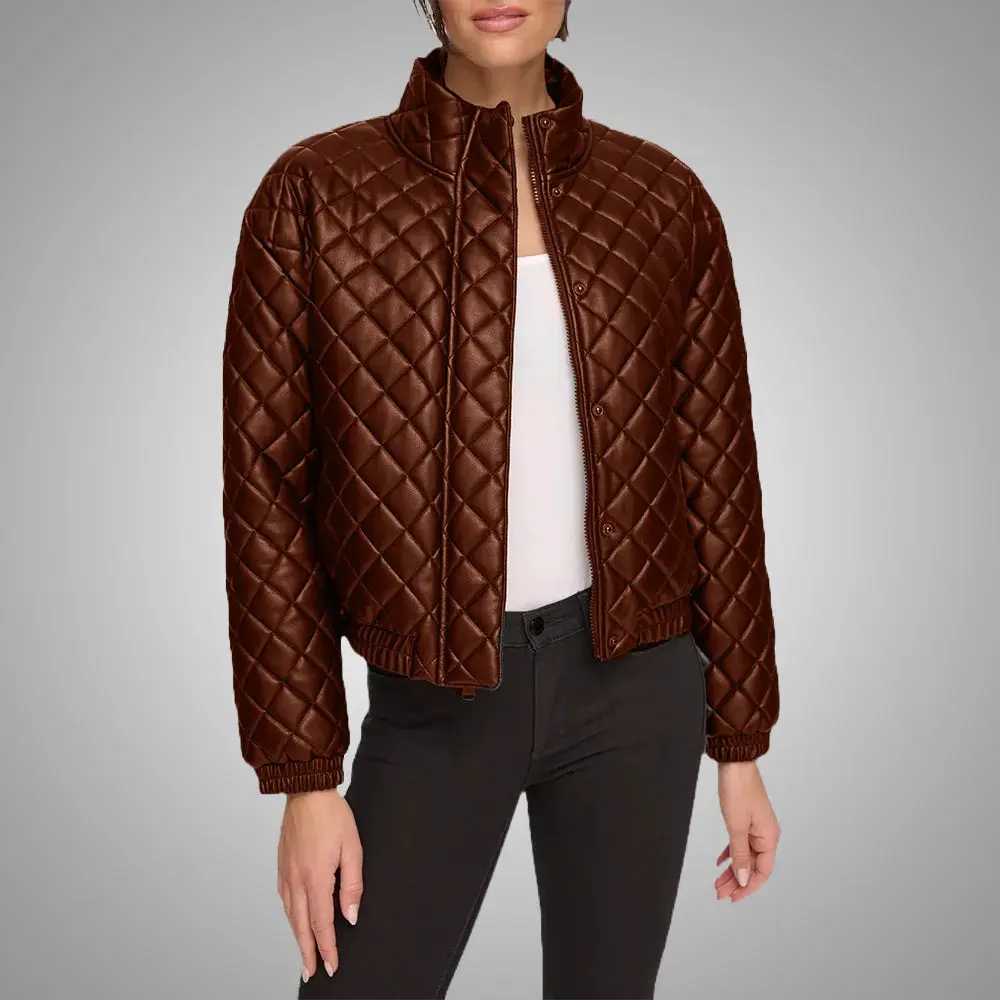 Quilted Stand Collar , Genuine Bomber Leather Jacket - Mahogany Brown