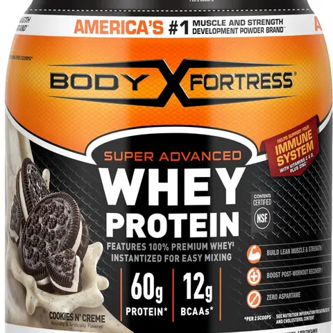 Body Fortress Super Advanced Whey Protein Powder, Cookies N’ Creme, 60g Protein & 12g BCAAs, Muscle Gain & Recovery, with Vitamins C & D, 1.78lbs (