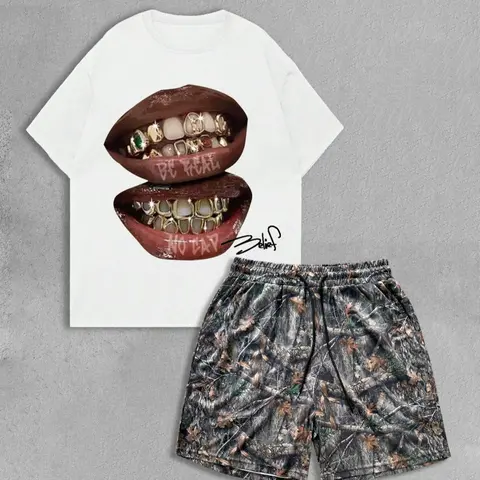 Men's Regular Fit Lip Print Tee & Shorts Two-piece Set, Crew Neck Short Sleeve T-shirt & Shorts, Casual Top & Bottoms for Summer Tropical Outdoor, Sets for Men Clothing, Loungewear