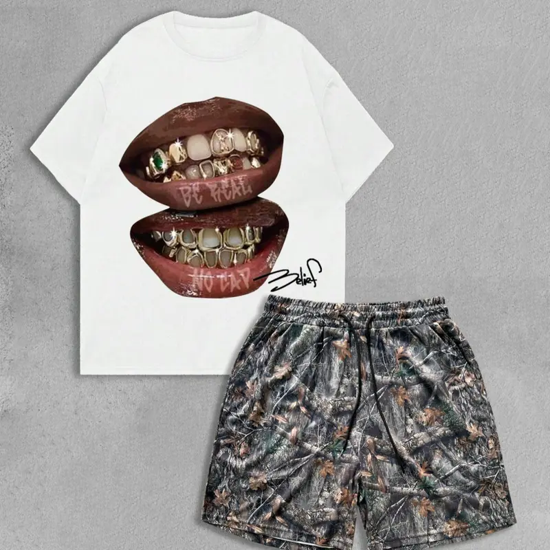 Men's Regular Fit Lip Print Tee & Shorts Two-piece Set, Crew Neck Short Sleeve T-shirt & Shorts, Casual Top & Bottoms for Summer Tropical Outdoor, Sets for Men Clothing, Loungewear