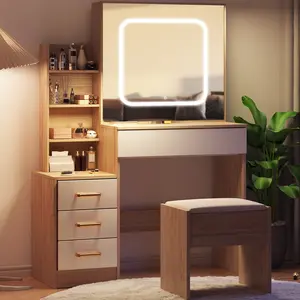 Sliding Mirror Vanity Desk with LED Lights Power Outlet 3 Color Adjustable Light 4 Drawers Storage Shelves and Stool for Bedroom Makeup Dressing Table, Vanity Mirror With Light