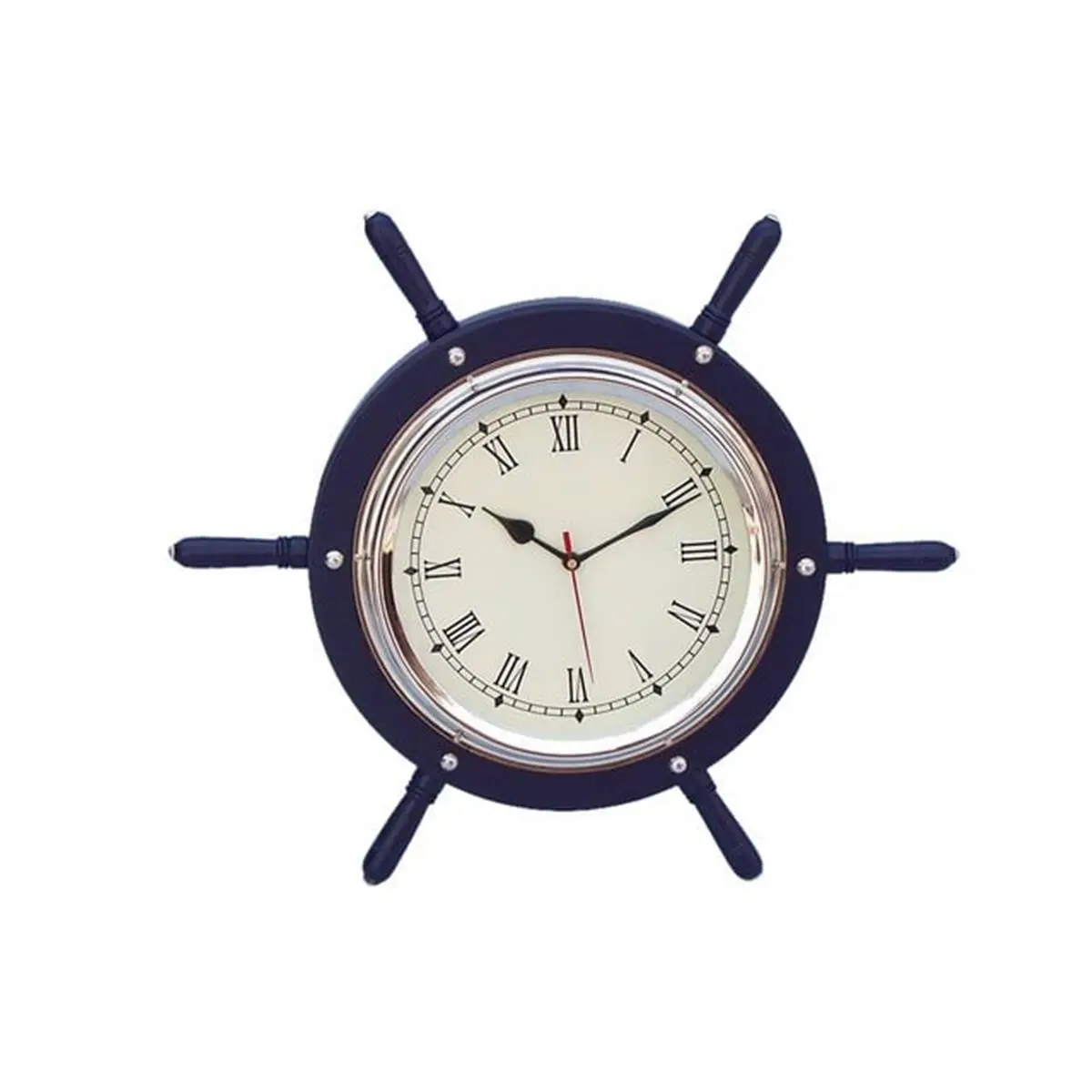212 MAIN Handcrafted Classic Nautical Dark Blue-Chrome Wooden Ship Wheel Wall Clock, 15 in. Decorative Hinged-Mount Office/Commercial Furniture Decoration