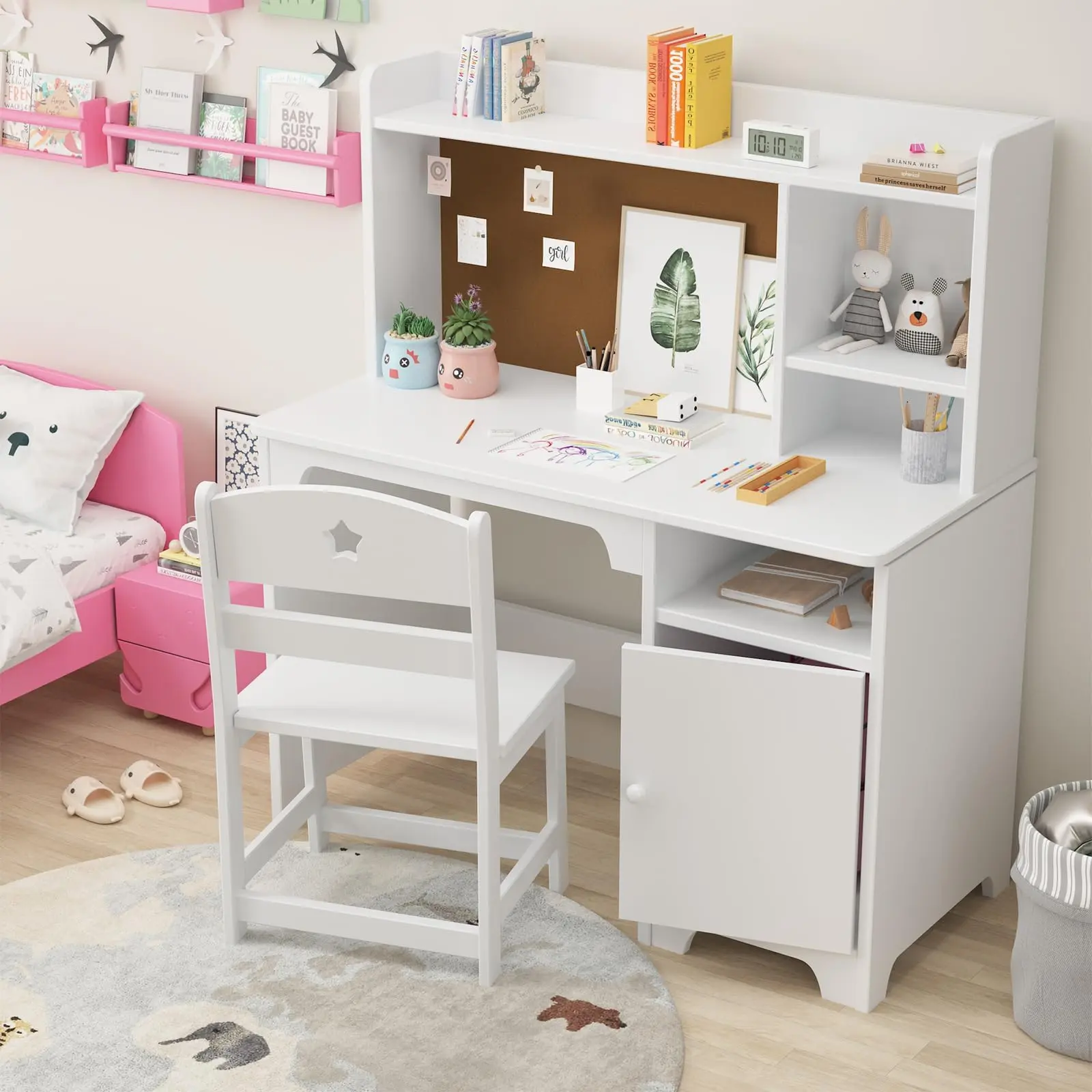 Garvee Children's Desk & Chair Set - Multifunctional 3+ Years Kids' Study Furniture with Shelf, Drawer, Pinboard, Ergonomic Stool, Safety Features for Home Interior Organization