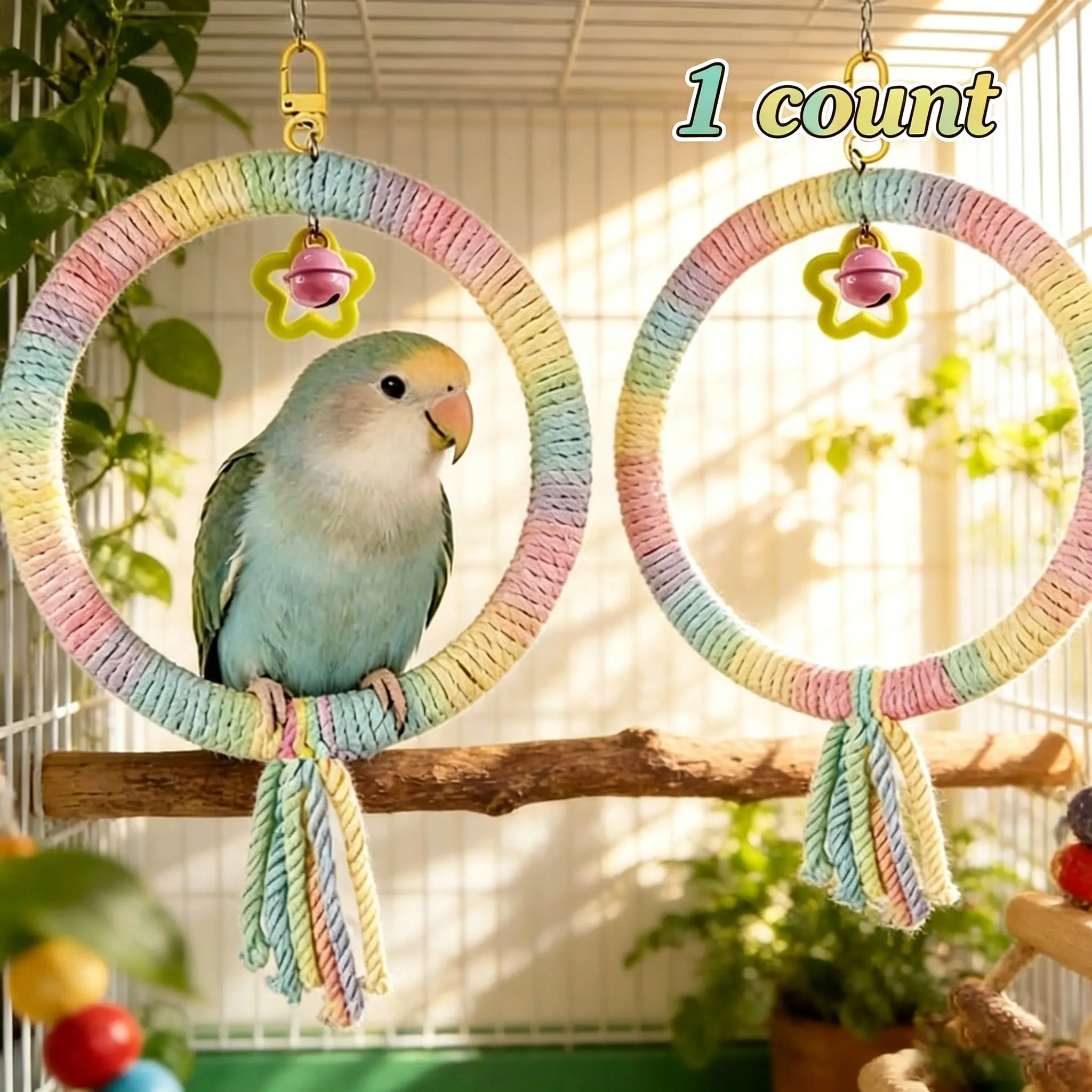 1pc Rainbow Gradient Parrot Ring Swing, Star Pendant & Tassel Design, Chewable Climbing Perch Bird Toy, Suitable for Budgies, Cockatiels & Other Birds, Bird Perches For Cage, For Cage Play Use Accessories Color is Random