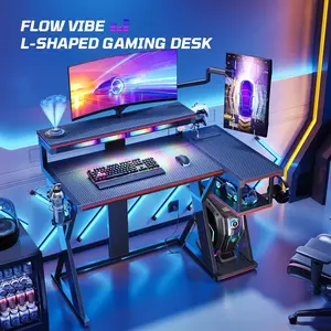 Bestier 42-inch L-shaped Gaming Desk with RGB Music Sync Lights, 3 AC Outlets & Dual Cup Holders
