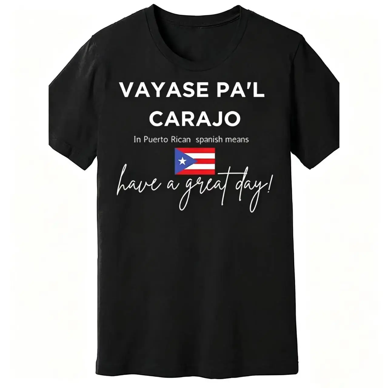 Men's Puerto Rican Slang T-Shirt - "Vayase Pal Carajo" Funny Translation, Premium Cotton, Short Sleeve, Black with Puerto Rico Flag Detail, Machine Washable, Everyday Casual Wear |     Flag Design Shirt |     Cotton Fabric Golf Gift T-Shirt For Men and Wo