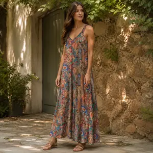 Reversible Boho Paisley Maxi Dress, 2-Way Wear Summer Sleeveless V-Neck Flowy Vacation Sundress