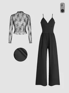 Women's Spring Autumn Lace Long Sleeve T-Shirt & Pocket Jumpsuit Set, Womenswear Elegant Fashion, Office Outdoor City Casual, Trendy Comfortable Design, Elegance