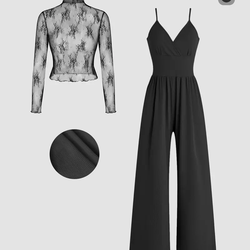 Women's Spring Autumn Lace Long Sleeve T-Shirt & Spaghetti Strap Pocket Jumpsuit Set, Womenswear Elegant Fashion, Office Outdoor City Casual, Casual Jumpsuit Pants, Trendy Comfortable Design, Elegance, Style