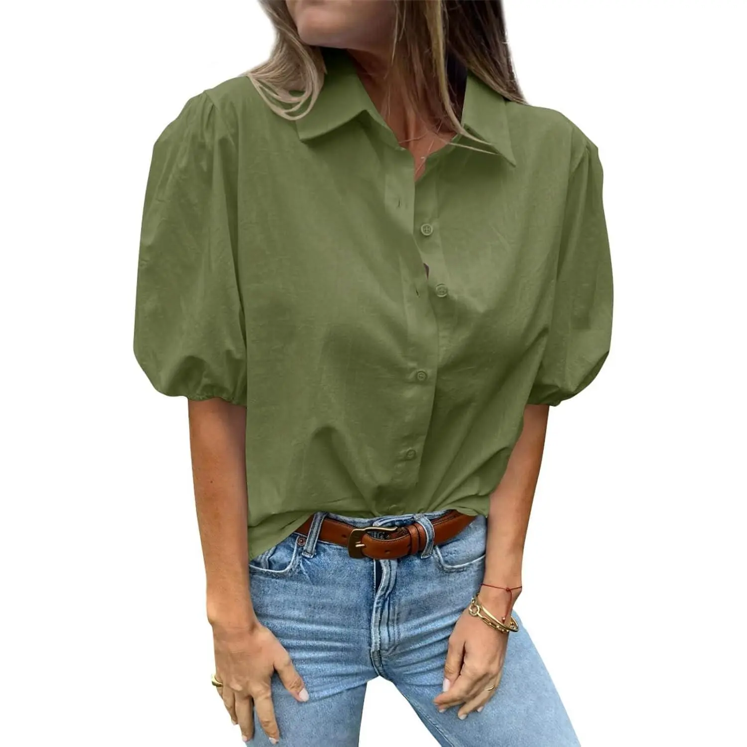 Women's Short Puff Sleeve Cotton Blouse, Casual Solid Button-Down Shirt for Work, School, Dress Casual & Going Out, Garment, Shortsleeve, Everyday, Comfy Casual