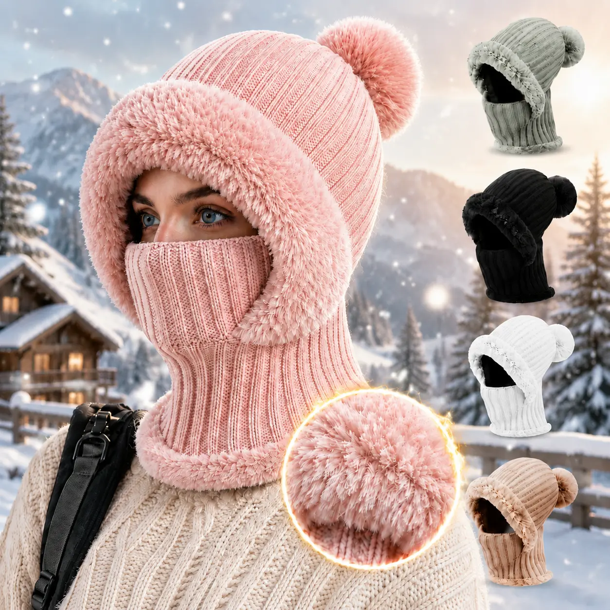 Women's Winter Bunny Beanie Hat, Thick Yarn Knit Animal Hat with Pom Pom, Cute Furry Warm Ear Cover Hat for Fall Winter Outdoor Fashion