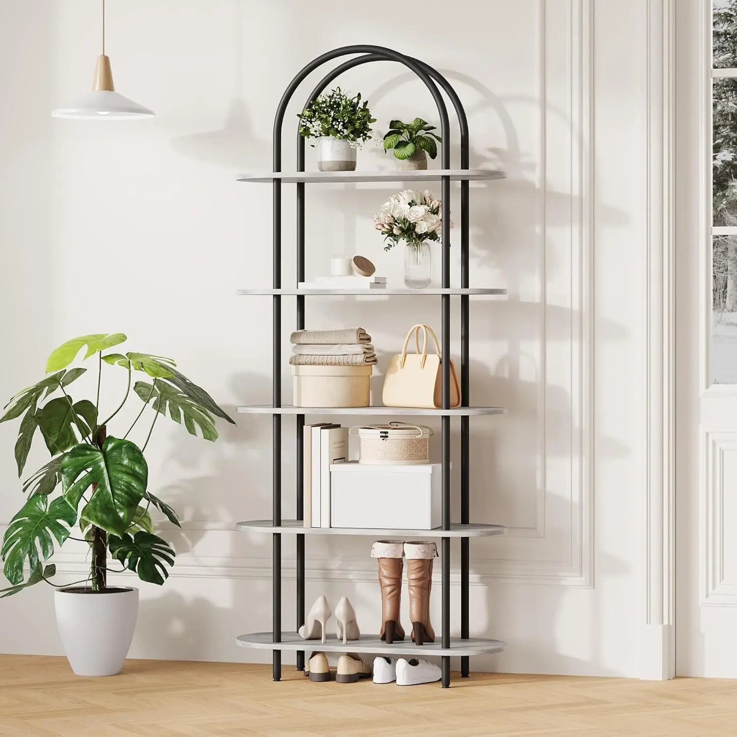 5-Tier Curved Arch Metal Frame Bookshelf - 71-in Tall Contemporary Black & Graphite Gray Freestanding Iron & MDF Open Bookcase with Adjustable Shelves, Space-Saving Modern Design Style Storage Organizer for Living Room, Home Office