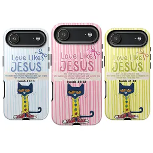 Love Like Jesus Striped Christmas Phone Case with Bow – Cute Cat Design & Bible Verse Isaiah 41:13| Christian Faith Holiday Aesthetic Cover| Religious Christmas Gift for Him & Her| iPhone 7–17 & Samsung Galaxy S21–S25