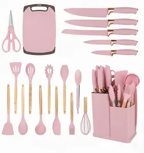 [TikTokShopHolidayHaul]19Pcs KitchenUtensil Set with Knife Holder, Wooden Handle Heat-ResistantSilicone Cooking Tools,Chef Knife,Cutting Board,Scissors,Pasta Server,Whisk, Spoon, Tongs & Slotted Turner (Black/Pink/White/Grey) Non-Stick Storag Kitchenware