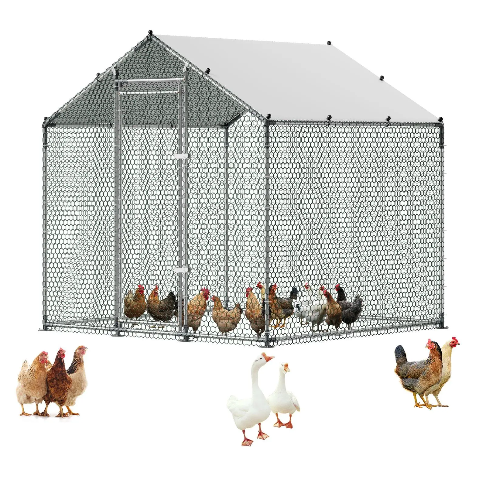 VEVOR Large Metal Chicken Coop 6.6x6.6x6.6 ft Walk-in Chicken Run House, Spire Roof Hen House Enclosure with Cover and Security Lock, Outdoor Duck Rabbit Cage Poultry Pen for Backyard, Farm, Yard