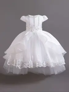 Sequins Beading Embroidered Kids Clothes White Flower Girl Ball Gown Pageant Children Elegant Performance Princess Prom Host Formal Evening Party Cocktail Dress for all Season 4 to 9 Years
