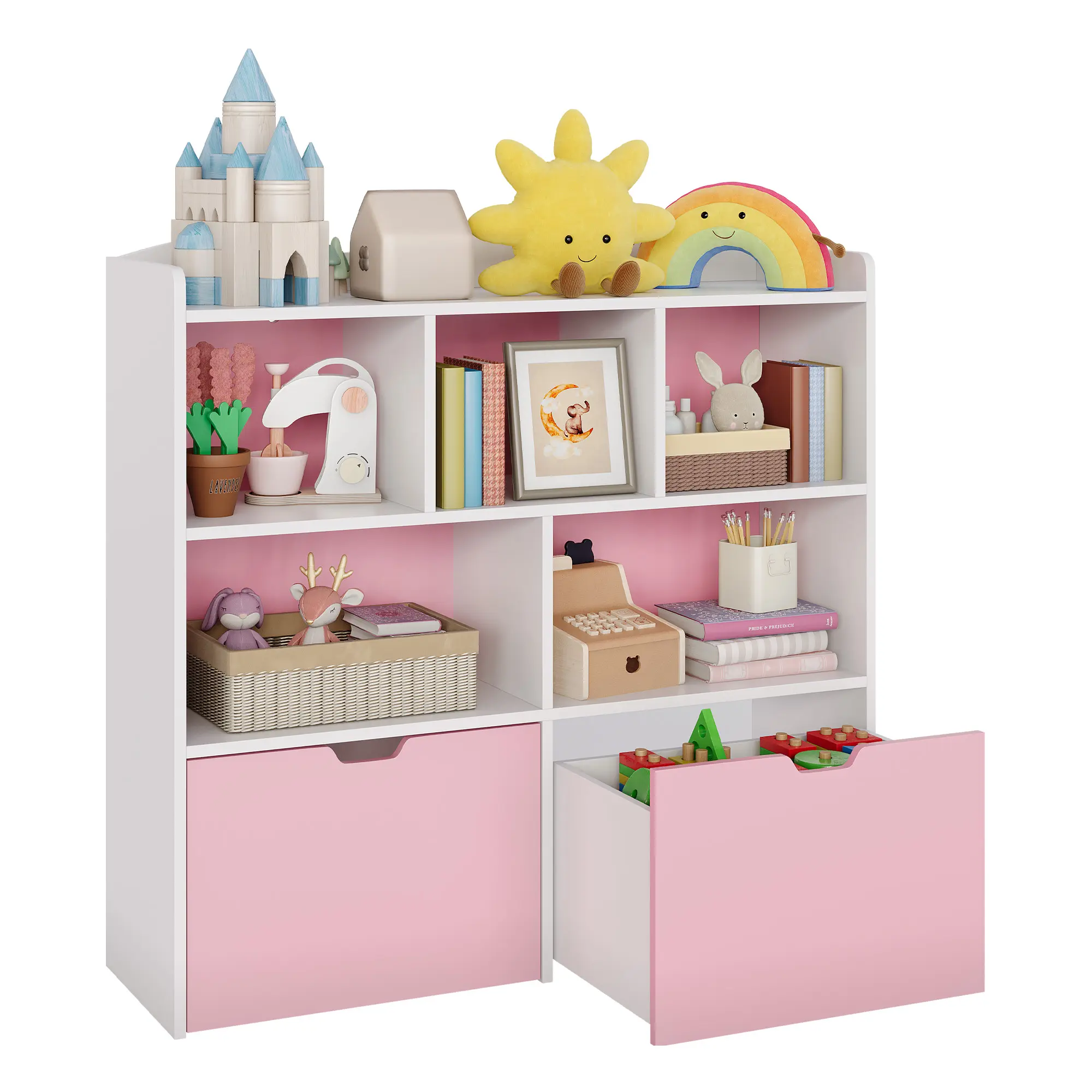 Kids Toy Storage Organizer Bookshelf – 5 Open Cubbies, Movable Drawers, Hidden Wheels, Multifunctional Floor Cabinet for Playroom, Bedroom, Nursery