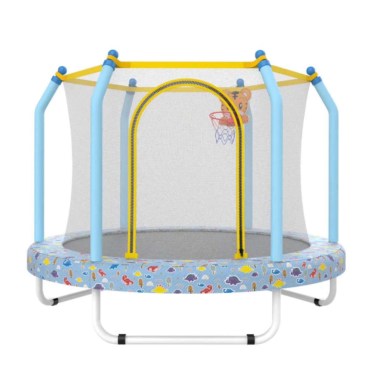 55-Inch High Quality Round Safety Net Enclosure Fitness Trampoline for Toddlers - Double-Sided Zipper, Thick Foam Protection, Printed Blue, 30 Springs, Basketball Hoop, ASTM Approved Indoor-Outdoor Jumping Toy, 100% Satisfaction Service, High Quality Tram
