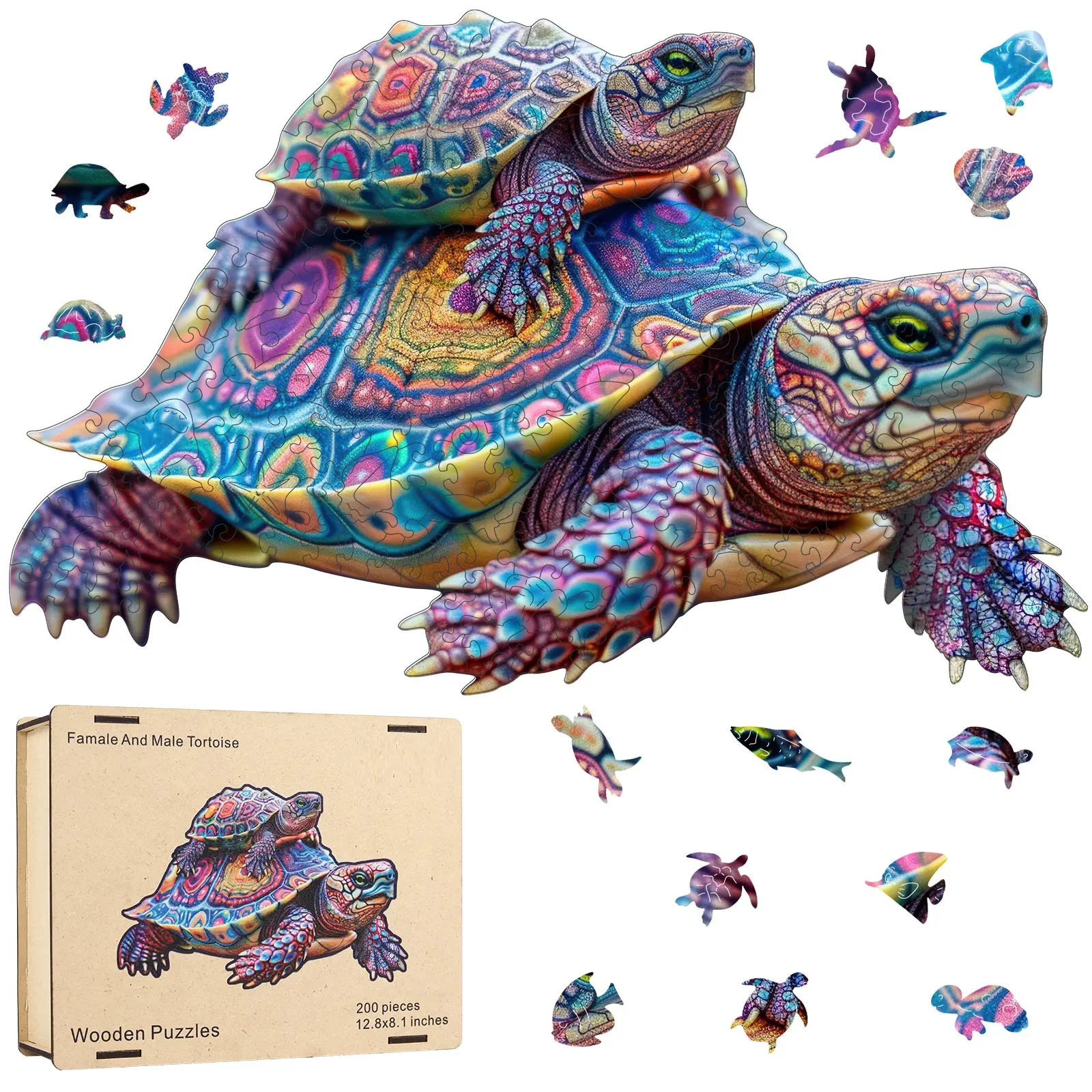Unique Turtle Wooden Jigsaw Puzzle for Adults & Kids 200 Pieces 12.5x12.5 Inches Colorful Wood Pieces Fun Challenge Brain Health Activity Family Game Creative Gift