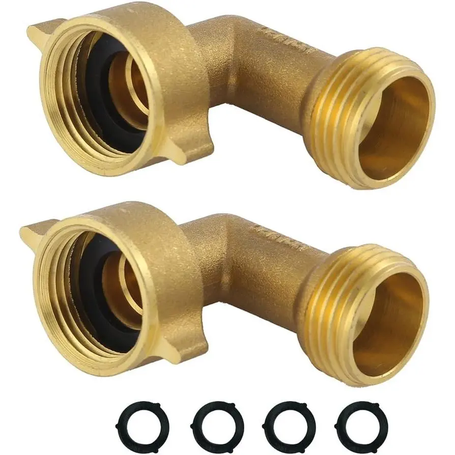 Garden Hose Connectors - 2pcs Brass Right Angle 90-Degree Elbow Set, Leakproof with 4 Extra Washers for Home Improvement Watering & Irrigation