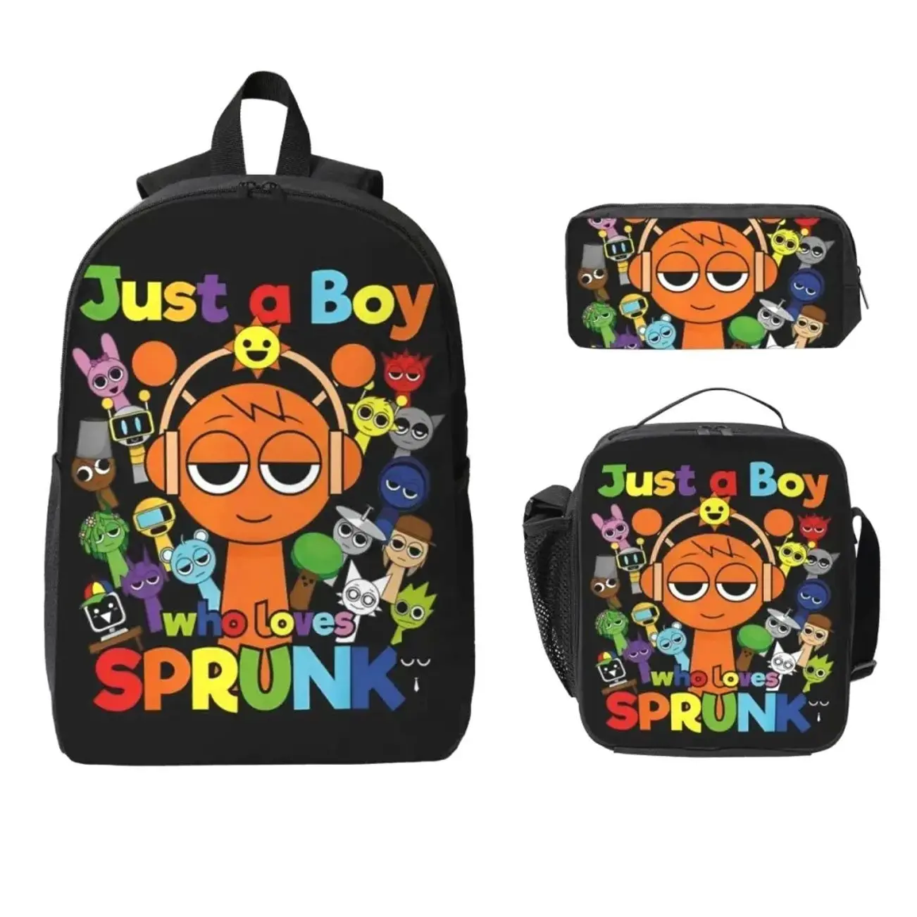 Fun Game Character Just A Boy Who Loves Sprunk School Bag Set with Lunch Bag & Pencil Box - Lightweight Preschool Bookbag for Kids