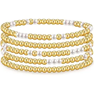 Gold Bracelets for Women Gold Bracelet Stack Pearl Beaded Bracelets for Women 14K Gold Plated Stretch Bead Ball Bracelet Sets Jewelry for Mother's Day Birthday Gifts