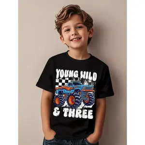 3rd Birthday Monster Truck Young Wild And Three 3 Year Old Novelty Awesome Graphic Kid TShirt Fashion Kid T Shirts Trending Tops Tees for Kid