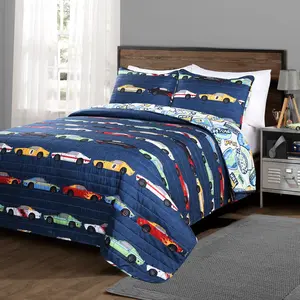 Lush Decor Twin Size 2PCS Race Cars Quilt Sets - Reversible Print for Young Racers - Ideal for First Bed - Racing Flags & Symbols