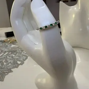 Silver plated emerald and diamond size 7 ring
