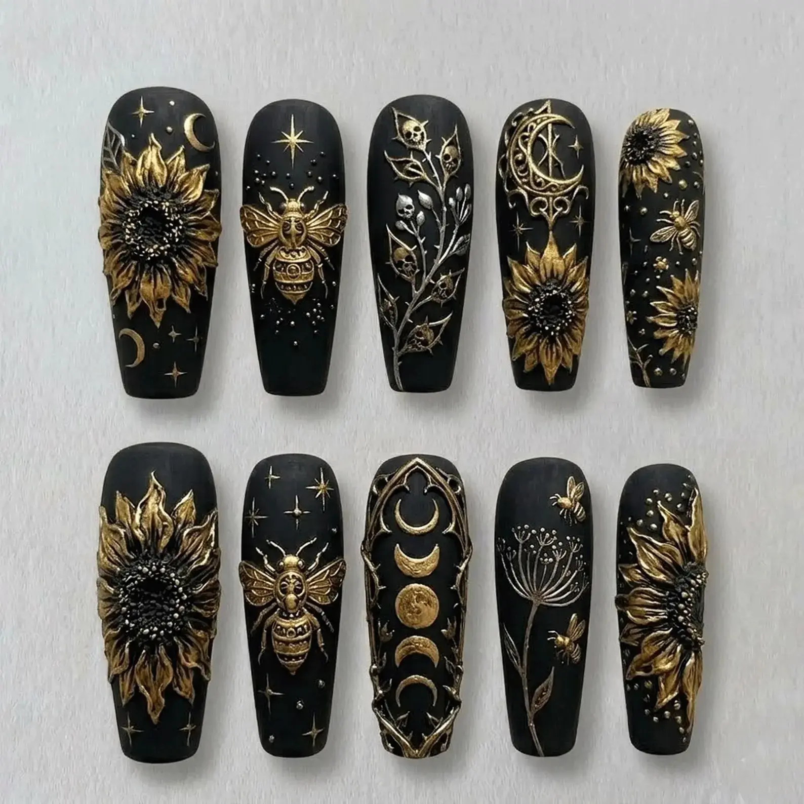 Hand-Painted 3D Goth Press On Nails with Nail Designs - Dark Cottagecore Witchy Sun, Moon, Matte Black Gold Celestial Bee Luxury Fakes