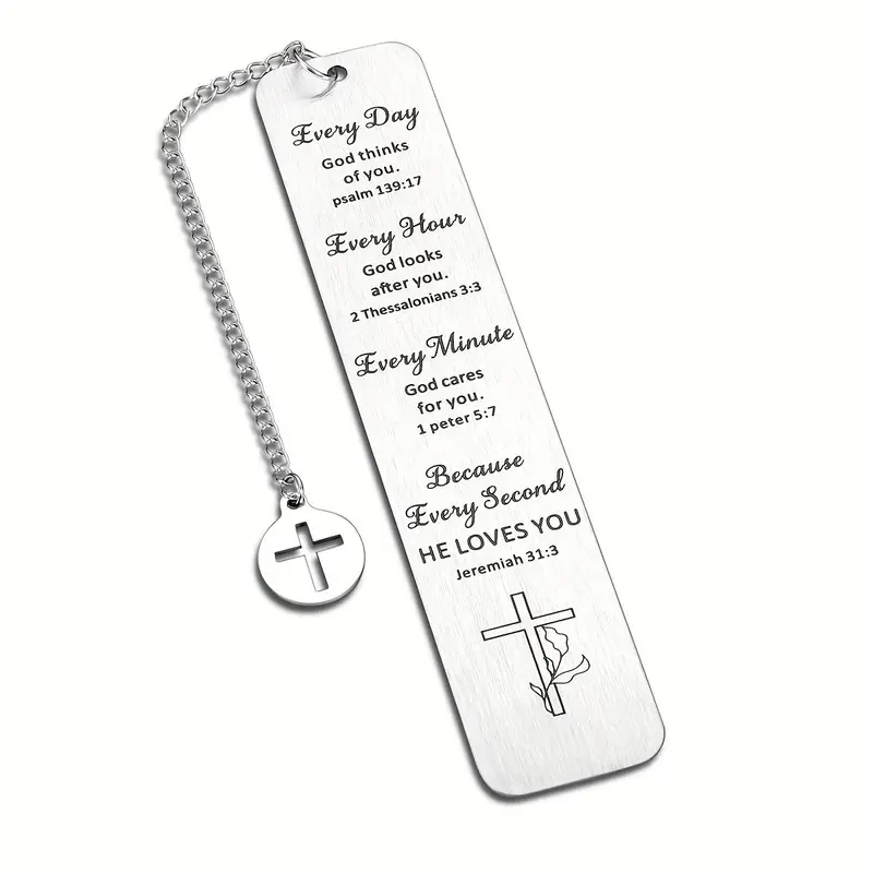 Stainless Steel Christian Bookmark, Bible Verse Bookmark with Cross Pendant, Religious Inspiration Devotion Gift for Friends & Family, Birthday Gift for Book Lovers