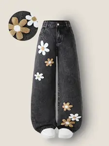 Spring Summer Girls' Floral Jeans, 3D Flower Embroidery, Loose Fit High Waist, Elastic Back, Button Closure, All Seasons