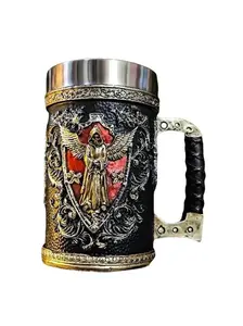 The Armored Kingdom Angel of Vengeance Mug 16 oz Stainless Steel Drinkware with Handle Pewter Bronze & Divine Gold Accents