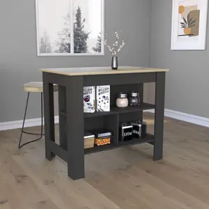 Kitchen Island kitchen table 35" H Four Legs Three Open Storage Shelves Black/ Light Oak