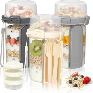 3-Pack Overnight Oatmeal Containers with Lids, Portable Dual-Layer Yogurt Cups, Dry Wet Separation, Sealed Storage, Includes Spoon and Fork