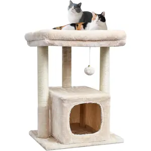 27inch Indoor cat climbing frame, activity tower with scratching posts, modern-style kitten apartment, equipped with plush resting areas and hanging balls for play, beige color