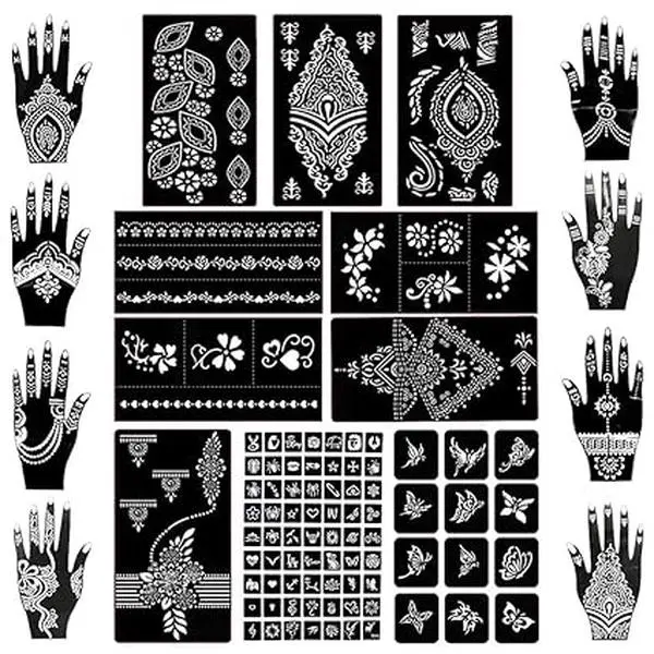 18 Sheets 97PCS Henna Tattoo Stencil Kit, Reusable Mehndi Templates for Bridal Mehndi & Music Festivals — Indian Wedding, Bachelorette Party, Summer Body Art, Women Girls Kids