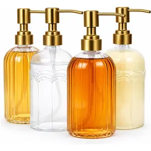 4-Piece Coffee Syrup Dispenser Set, 13.5oz (400ml) Glass Bottles with Antique Bronze Stainless Steel Pump, Coffee Bar Syrup Dispensers with Funnel, Cleaning Tools & Tags