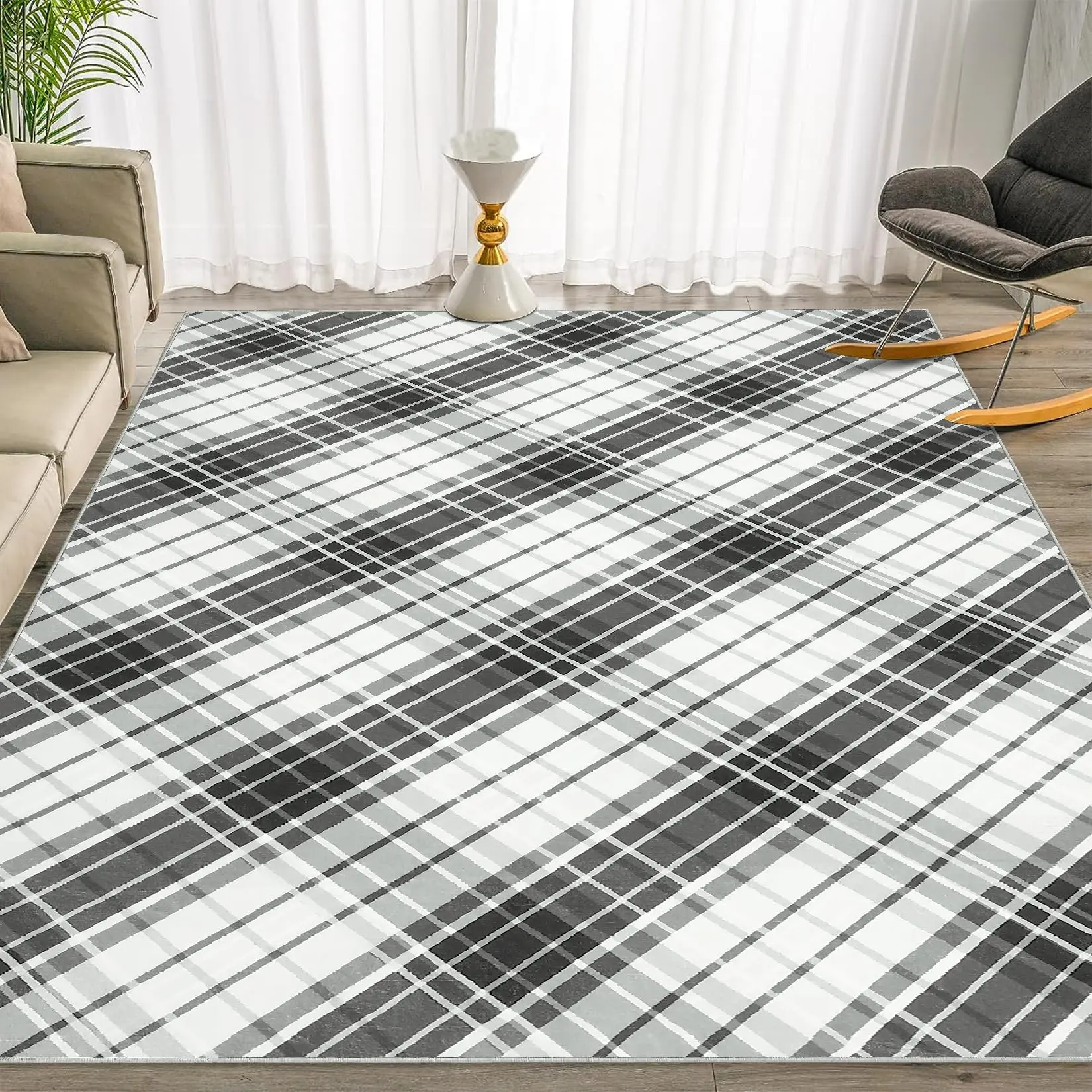【GARVEE】Washable Area Rugs: Modern Plaid Design, Non-Slip, Foldable, Soft Indoor Carpets for Living Room, Bedroom, Dining Room, Office, Nursery; Sizes 2x6 to 9x12; Colors Black, Grey, Coffee, Blue