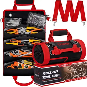 Roll Up Tool Bag, Heavy Duty See-Through Tool Roll Organizer with 2 Detachable Pouches, Portable Mechanic & Motorcycle Tool Bag, Birthday & Father’s Day Gift, Red