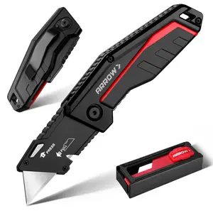 ARROW Folding Utility Knife, Quick-Change Box Cutter with Belt Clip, Liner Lock, Heavy Duty Aluminum Razor Knife with Comfortable Handle, 10 Extra SK2 Blades Included
