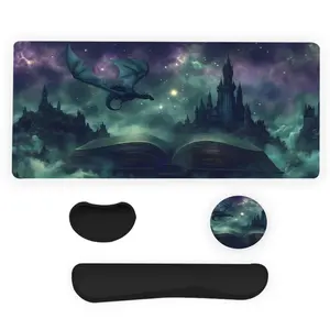 Fantasy Dragon Castle Pattern Universal Mouse Pad & Keyboard Wrist Rest & Mouse Pad & Coaster Set, Ergonomic Wrist Support, Waterproof Computer Mat, Suitable for Home Office Gaming