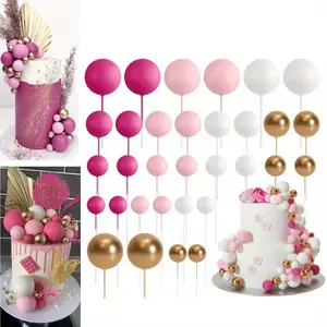 32 Pcs Ball Cake Topper Decorations,Mini Balloons Cake Topper Sticks Foam Balls,Cake Picks Cake Topper Balls,Cake Decorations for Wedding Party Birthday Cake Decorating (Pink Gold)
