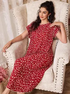 Romantic Elegant Small Ditsy Floral Contrast Trim Women's Sleepwear Loungewear, Comfortable Nightgown for Daily Wear, Stylish Ladies' Pajama Bottoms