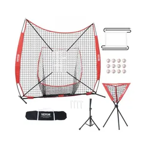 VEVOR 7x7 ft Baseball Softball Practice Net Set with Bow Frame, Carry Bag, Strike Zone, 12 Balls, Tee, Ball Collector, Sturdy Steel Support, Smooth Netting